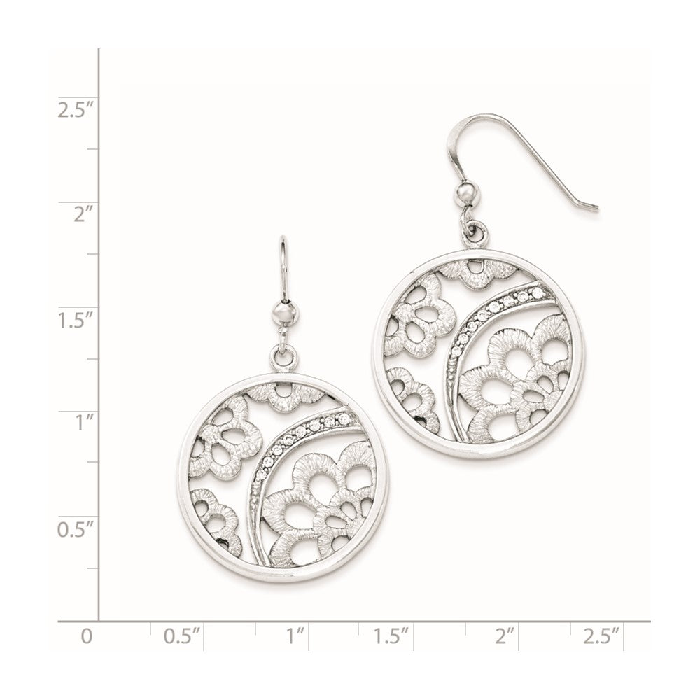 Sterling Silver Rhodium-plated CZ Floral Round Dangle Earrings