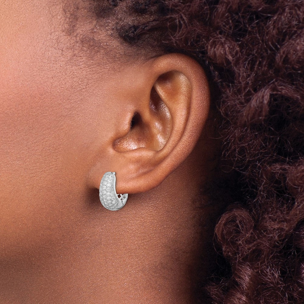 Sterling Silver Rhodium-plated CZ Hinged Hoop Earrings