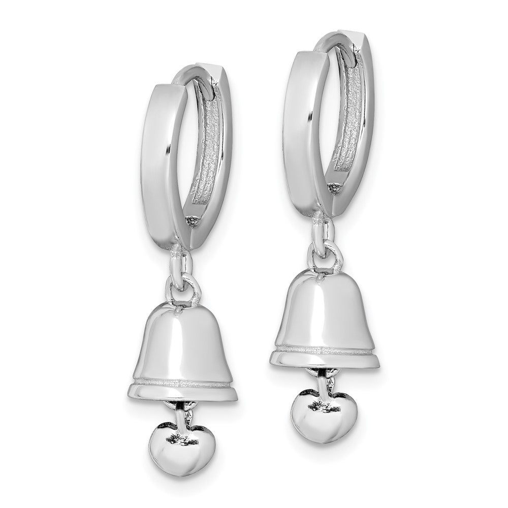 Sterling Silver RH-plated Polished Bell w/Heart Hinged Hoop Earrings