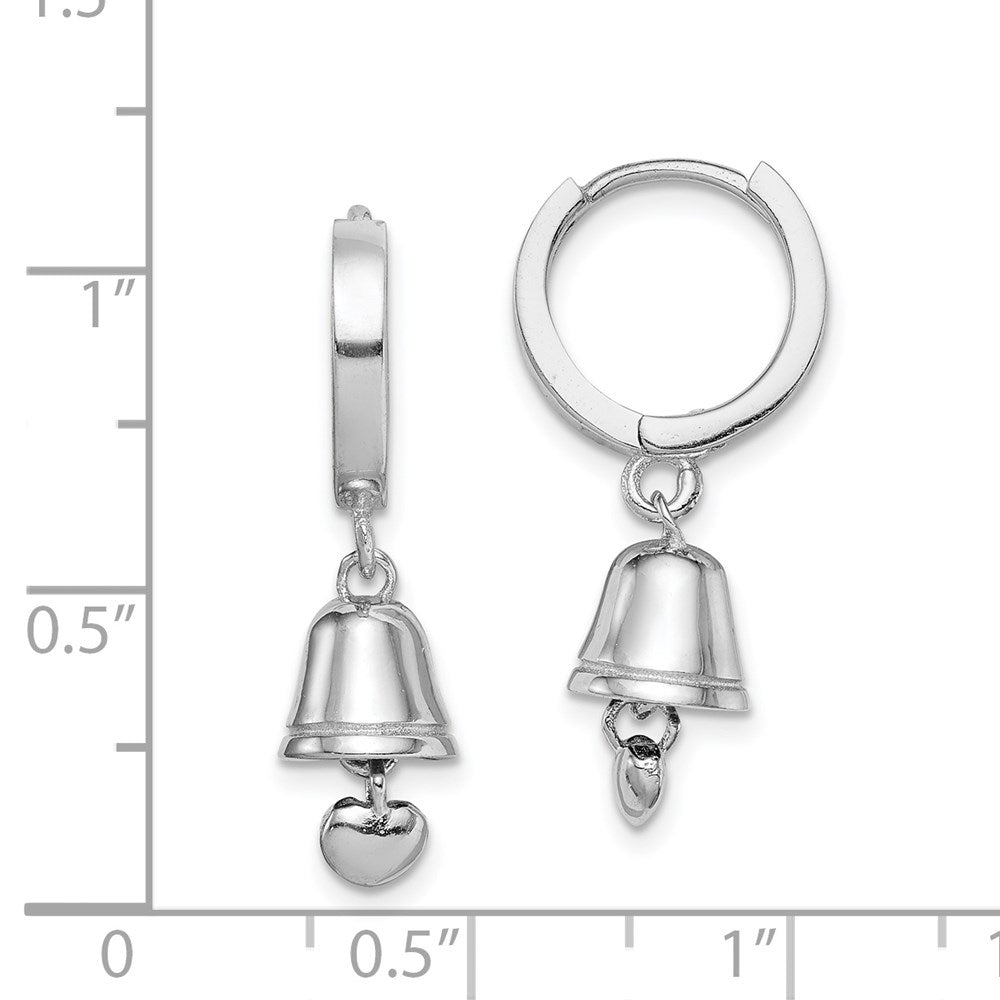 Sterling Silver RH-plated Polished Bell w/Heart Hinged Hoop Earrings