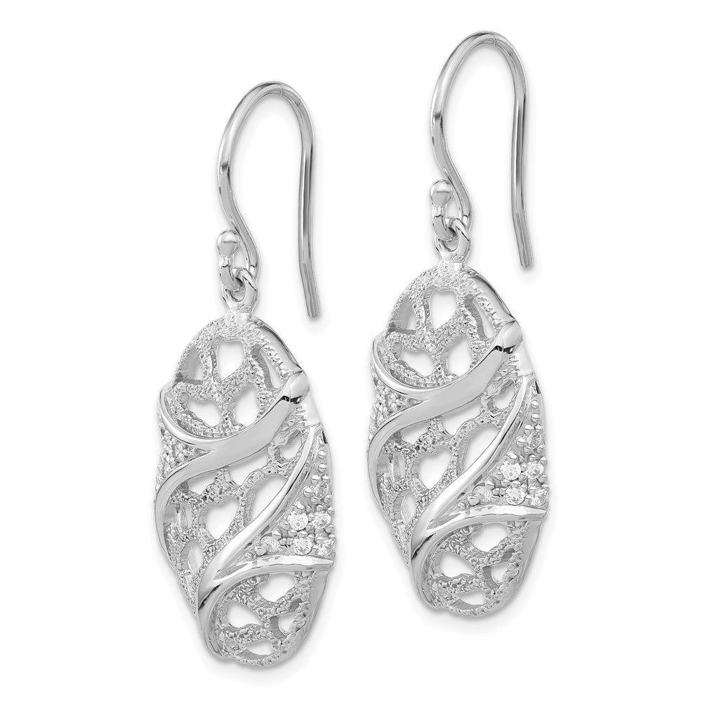 Sterling Silver Polished & Textured CZ Oval Dangle Earrings