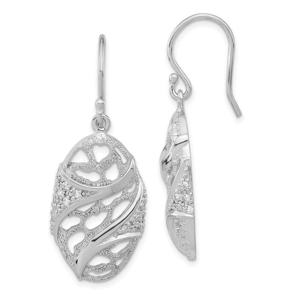 Sterling Silver Polished & Textured CZ Oval Dangle Earrings