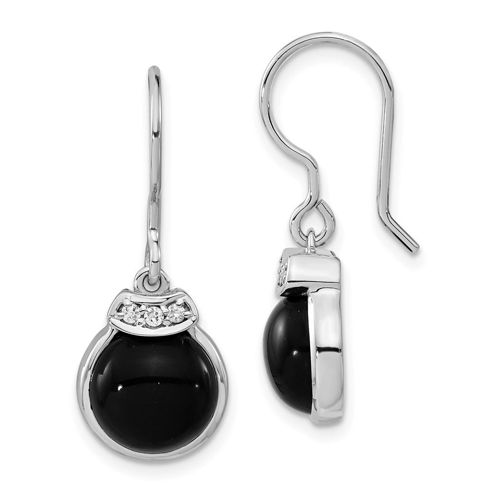 Sterling Silver Polished Round Black Agate & CZ Dangle Earrings
