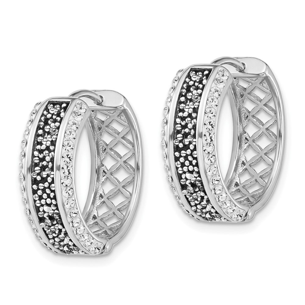 Sterling Silver Polished White & Black Crystal Hinged Round Hoop Earrings