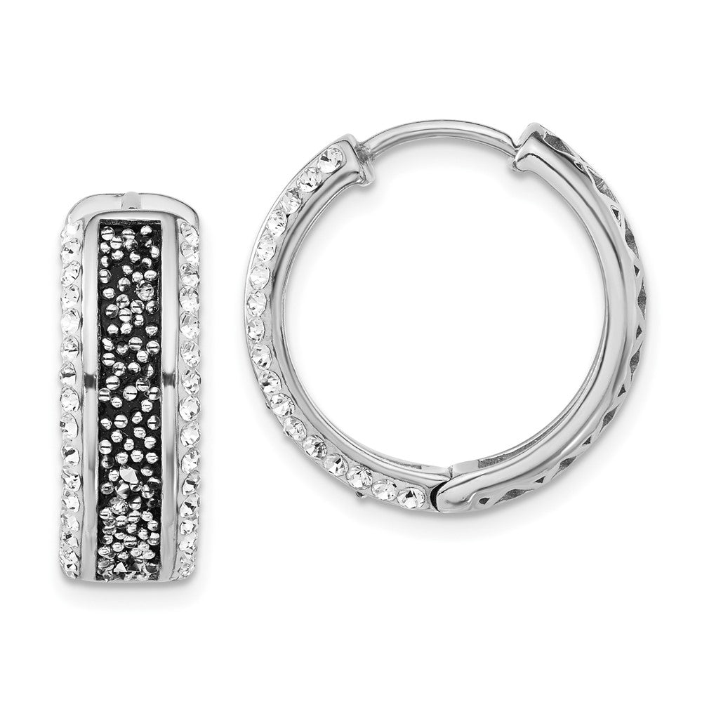 Sterling Silver Polished White & Black Crystal Hinged Round Hoop Earrings