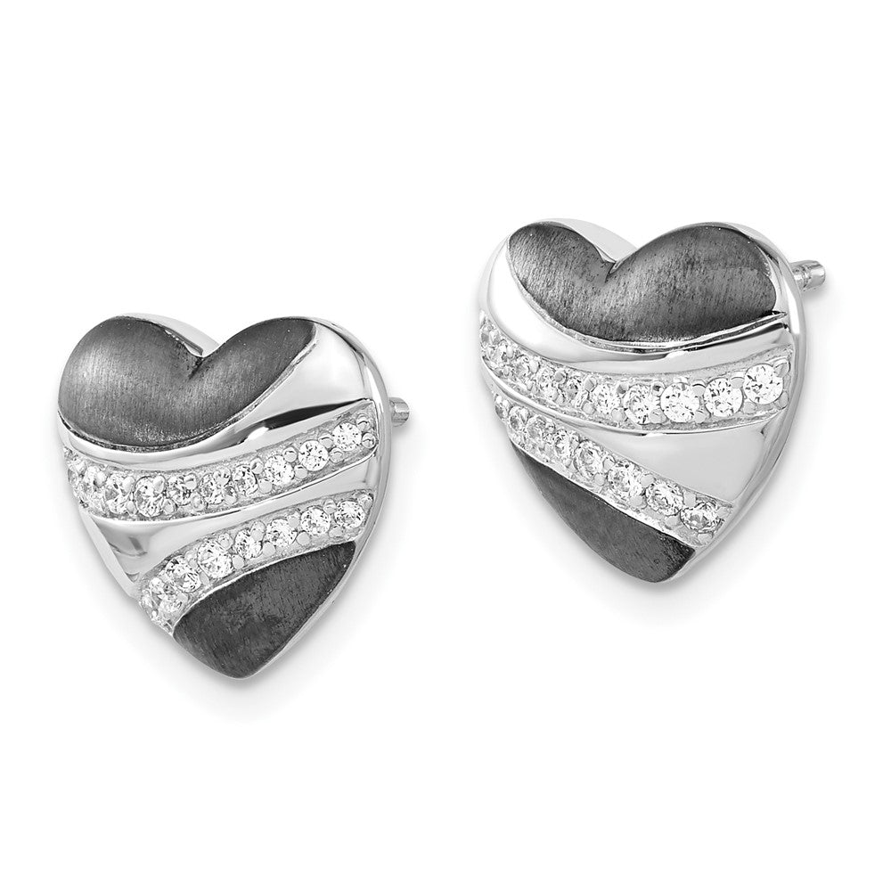 Sterling Silver w/ Black Rhodium Polished & Satin CZ Heart Post Earrings