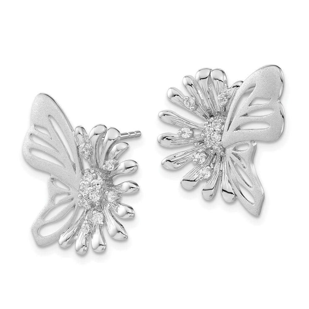 Sterling Silver Polished & Satin Flower Butterfly CZ Post Earrings