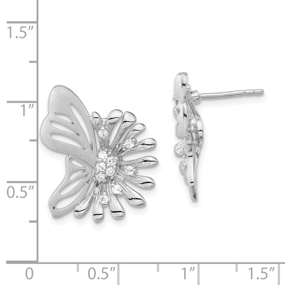 Sterling Silver Polished & Satin Flower Butterfly CZ Post Earrings