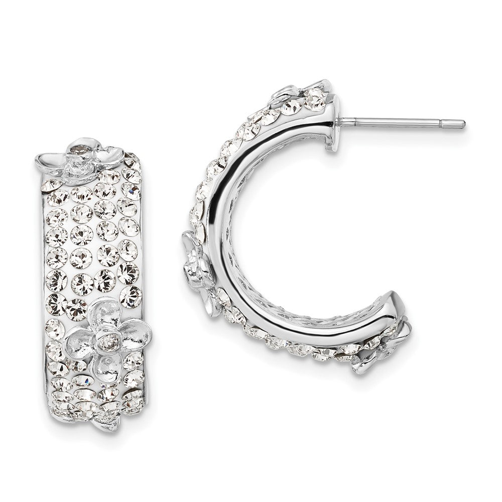 Sterling Silver Polished CZ & Crystal Floral Post C-Hoop Earrings
