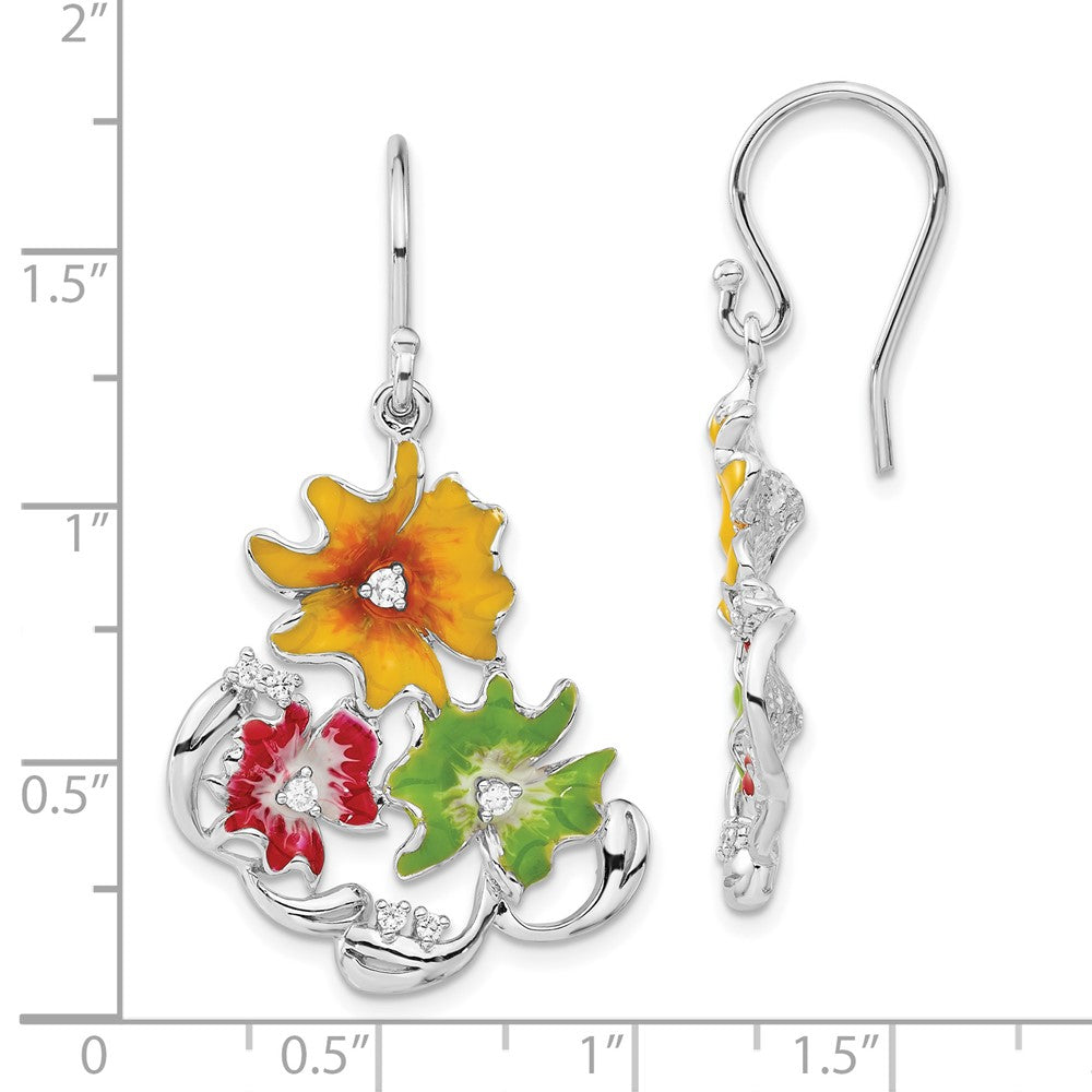 Sterling Silver Red, Green & Yellow Enamel CZ Flowers Dangle Earrings
