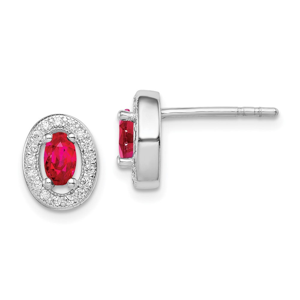 Sterling Silver Rhod-plated Red and White CZ Oval Stud Earrings