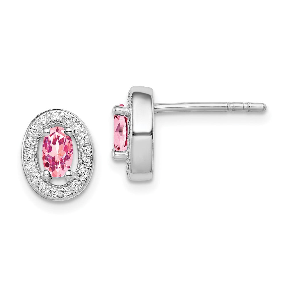 Sterling Silver Rhod-plated Pink and White CZ Oval Stud Earrings