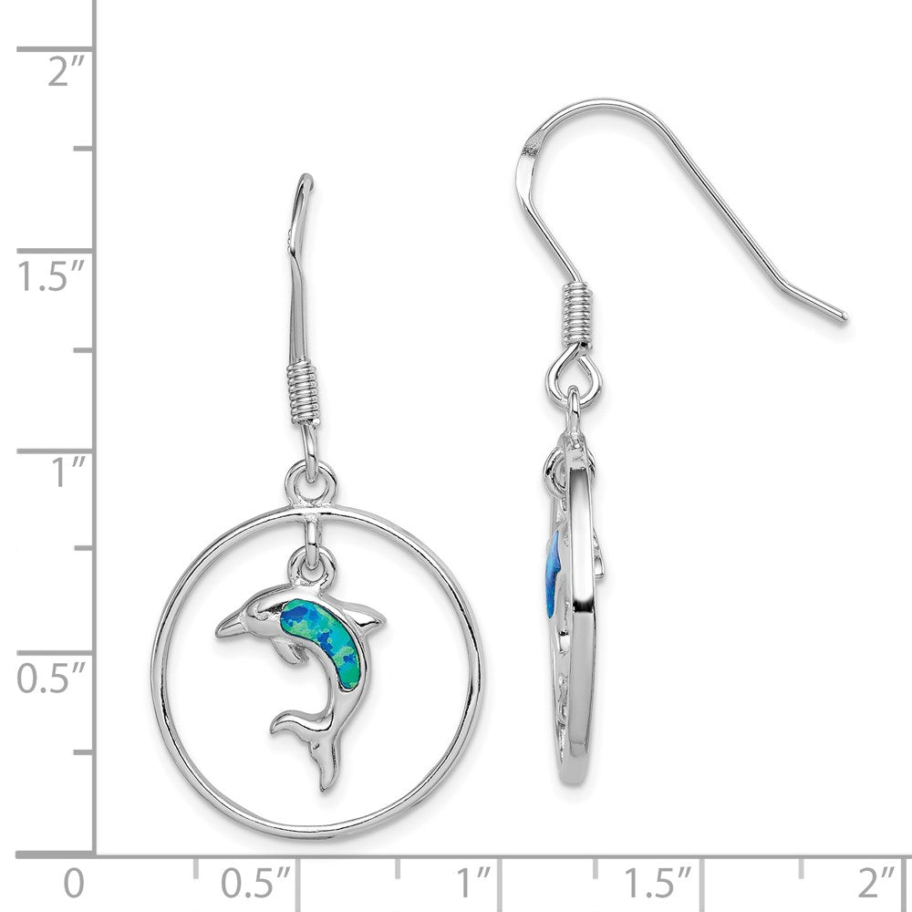 Sterling Silver Rhodium-plated Polished Created Blue Opal Dolphin Dangle Earrings