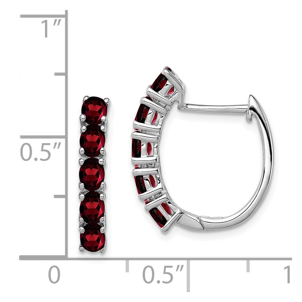 Sterling Silver Rhodium-plated Polished Garnet Hinged Hoop Earrings