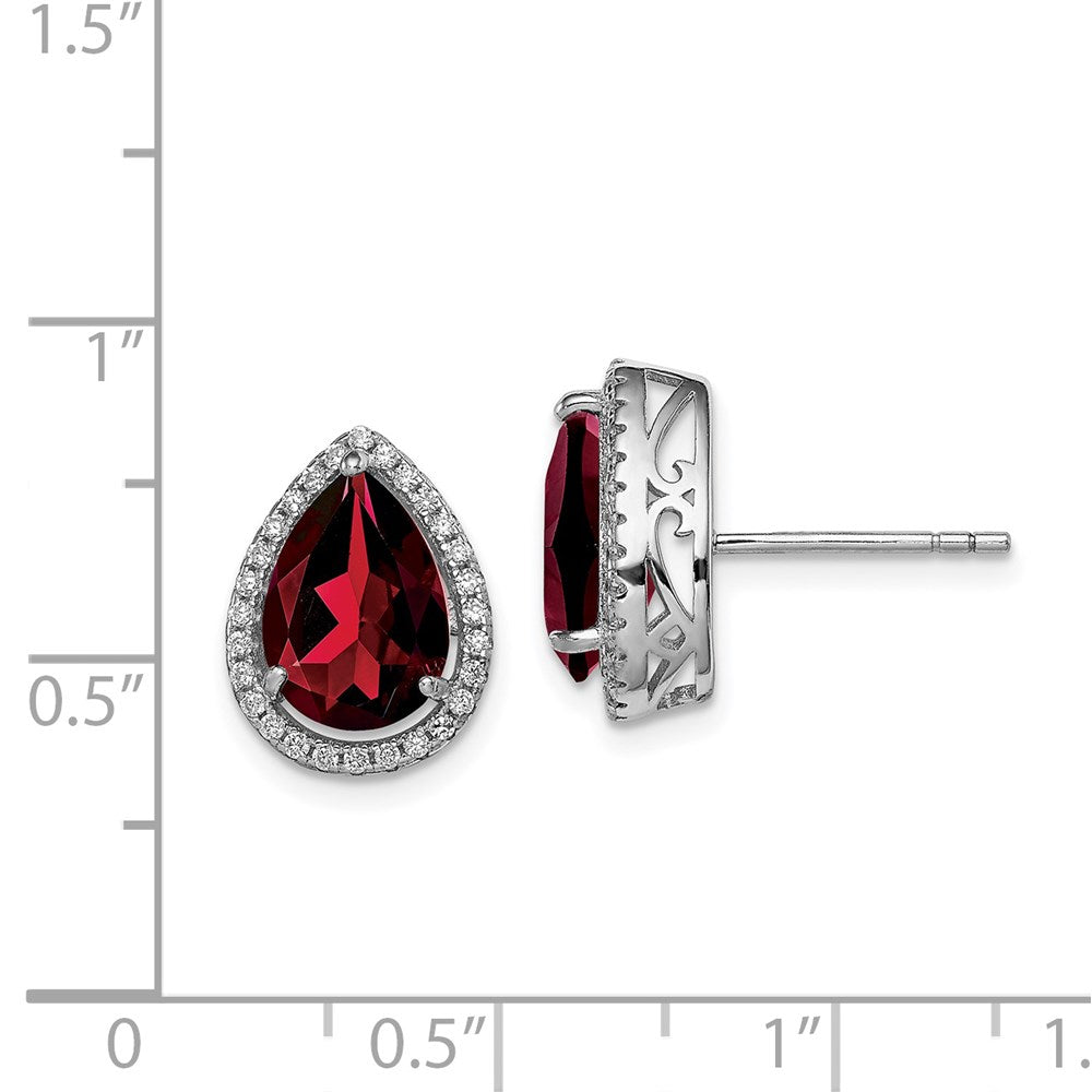 Sterling Silver Rhodium Polished Garnet & CZ Post Earrings