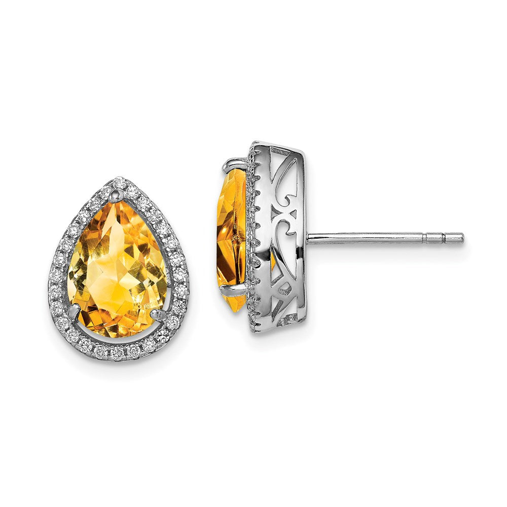 Sterling Silver Rhodium Polished Citrine & CZ Post Earrings