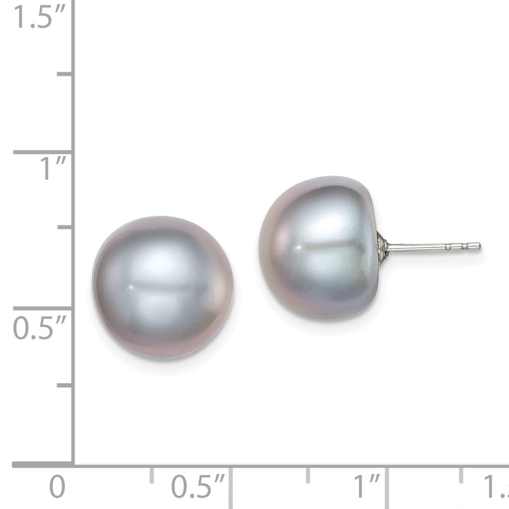 Sterling Silver Rh-plated 12-13mm Grey FWC Button Pearl Earrings