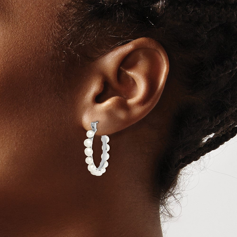 Sterling Silver Rhodium Plated 4-5mm White Freshwater Cultured Pearl Hoop Earrings