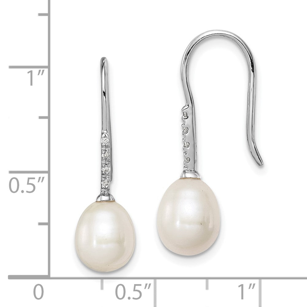 Sterling Silver Rhodium Plated Clear CZ and 7-8mm White Freshwater Cultured Pearl Dangle Earrings