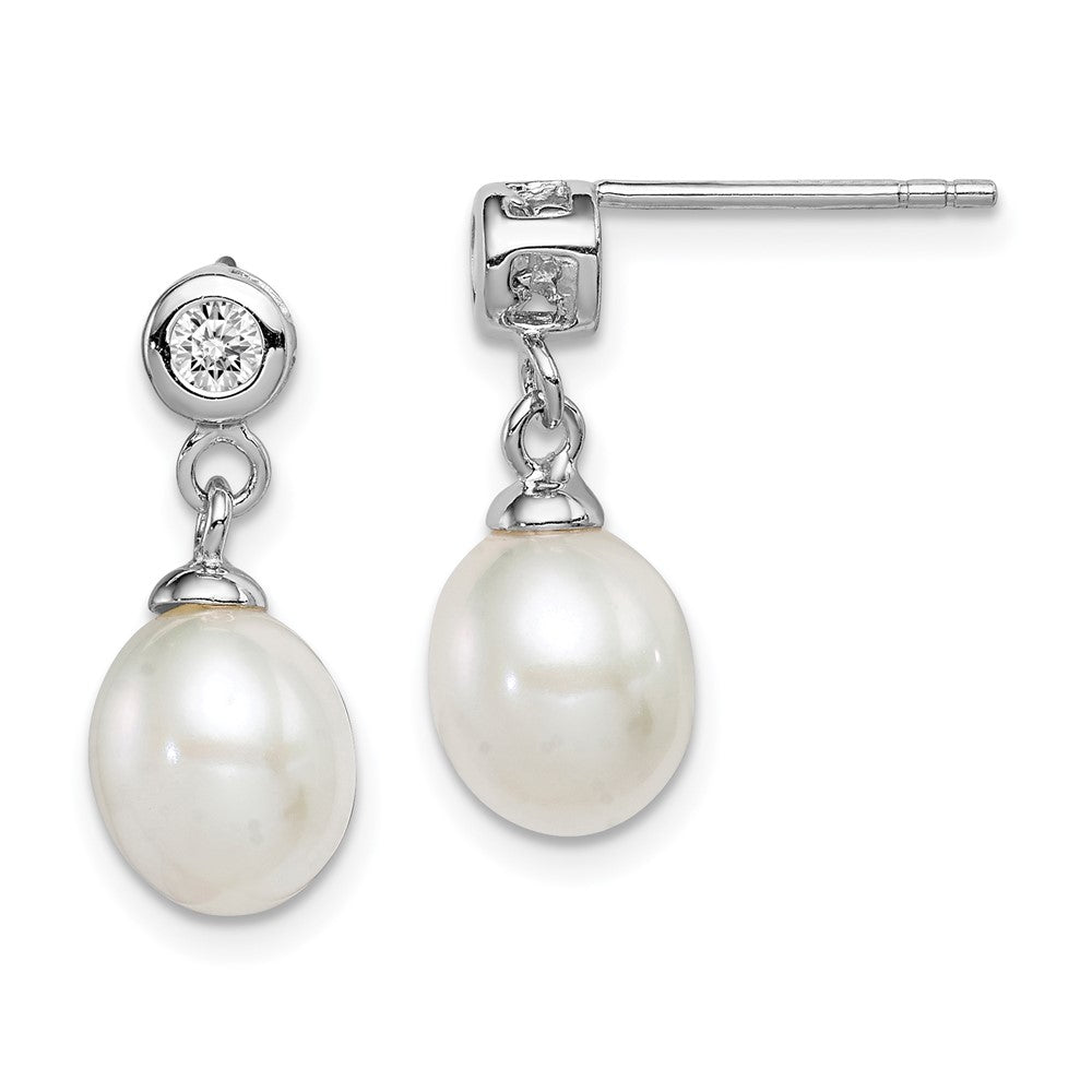 Sterling Silver Rh-plated 7-8mm White FWC Pearl CZ Dangle Earrings