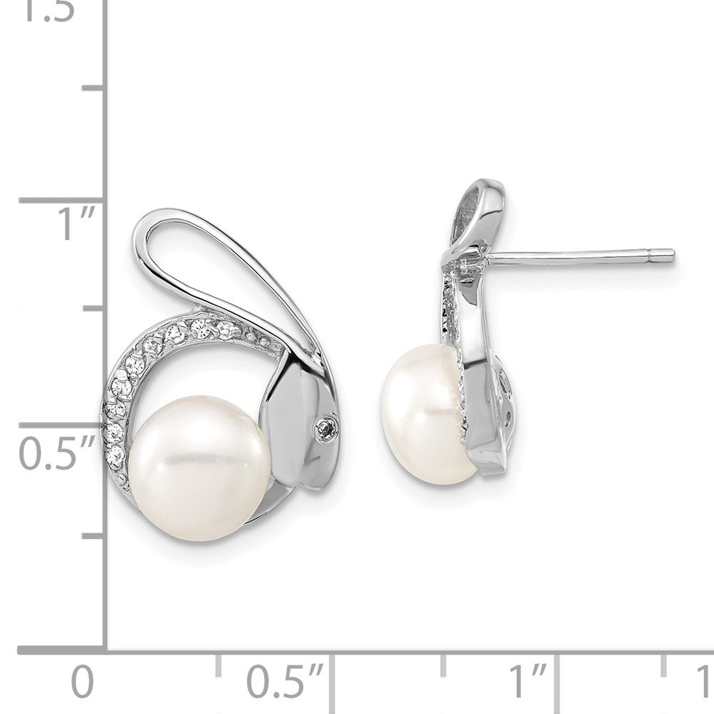 Sterling Silver Polished Freshwater Cultured Pearl & CZ Rabbit Post Earrings