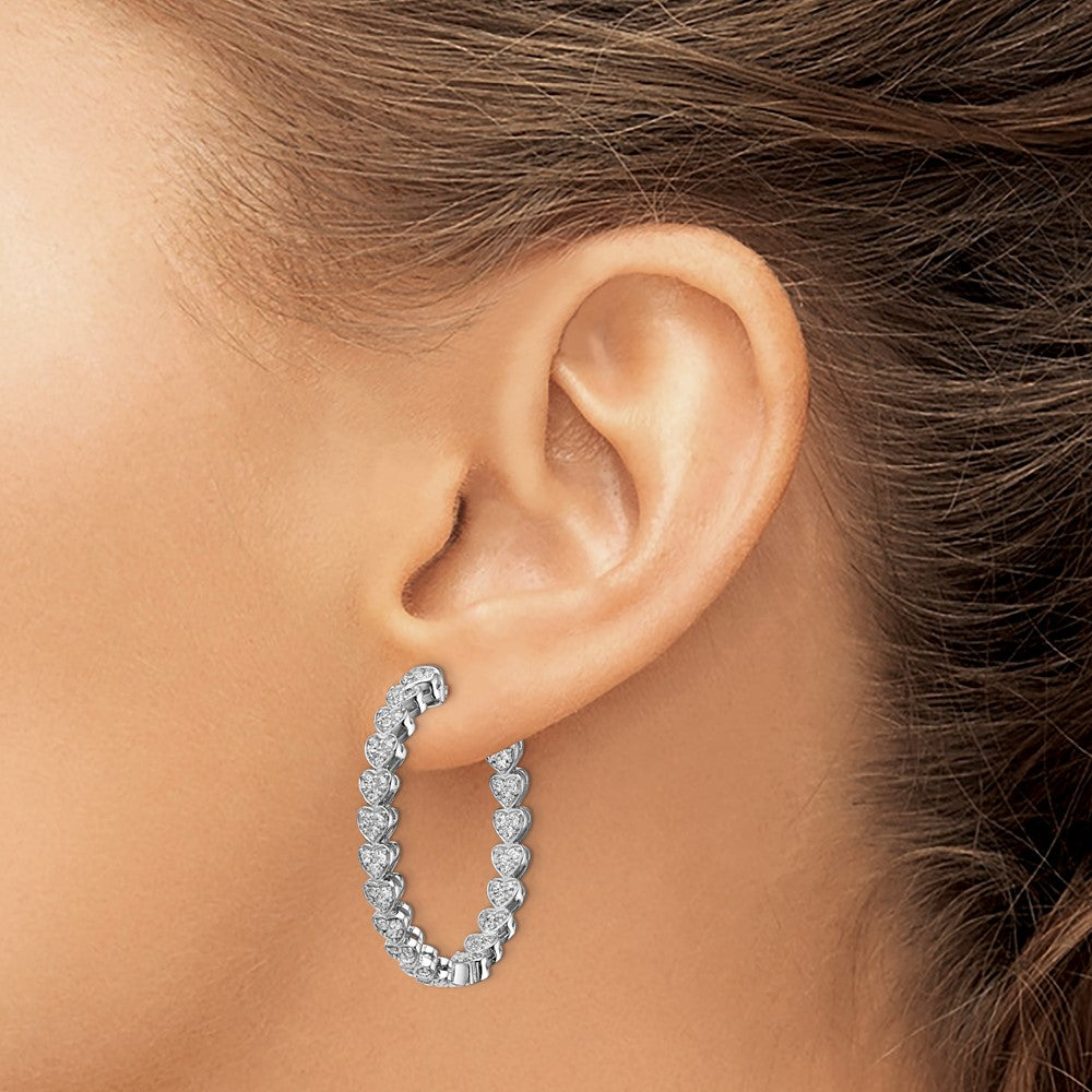Sterling Shimmer Sterling Silver Rhodium-plated 120 Stone Heart Shaped 1.2mm CZ In and Out Round Hinged Hoop Earrings