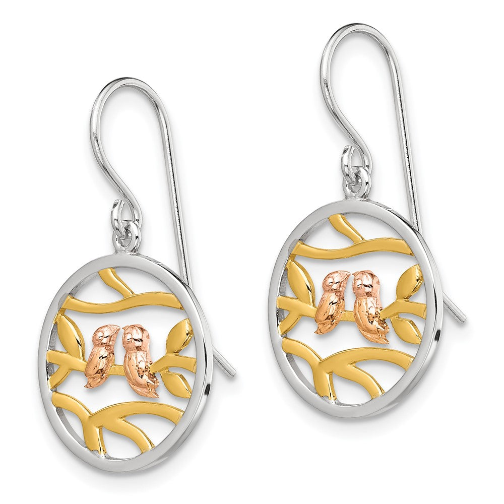 Sterling Silver Rhodium Rose-/Gold-tone Birds on Branches Earrings