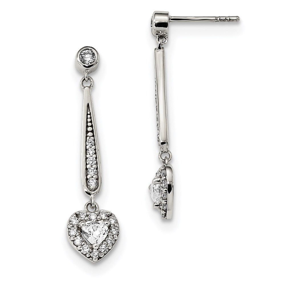 Sterling Silver Fancy CZ Heart Dangle Post Earrings