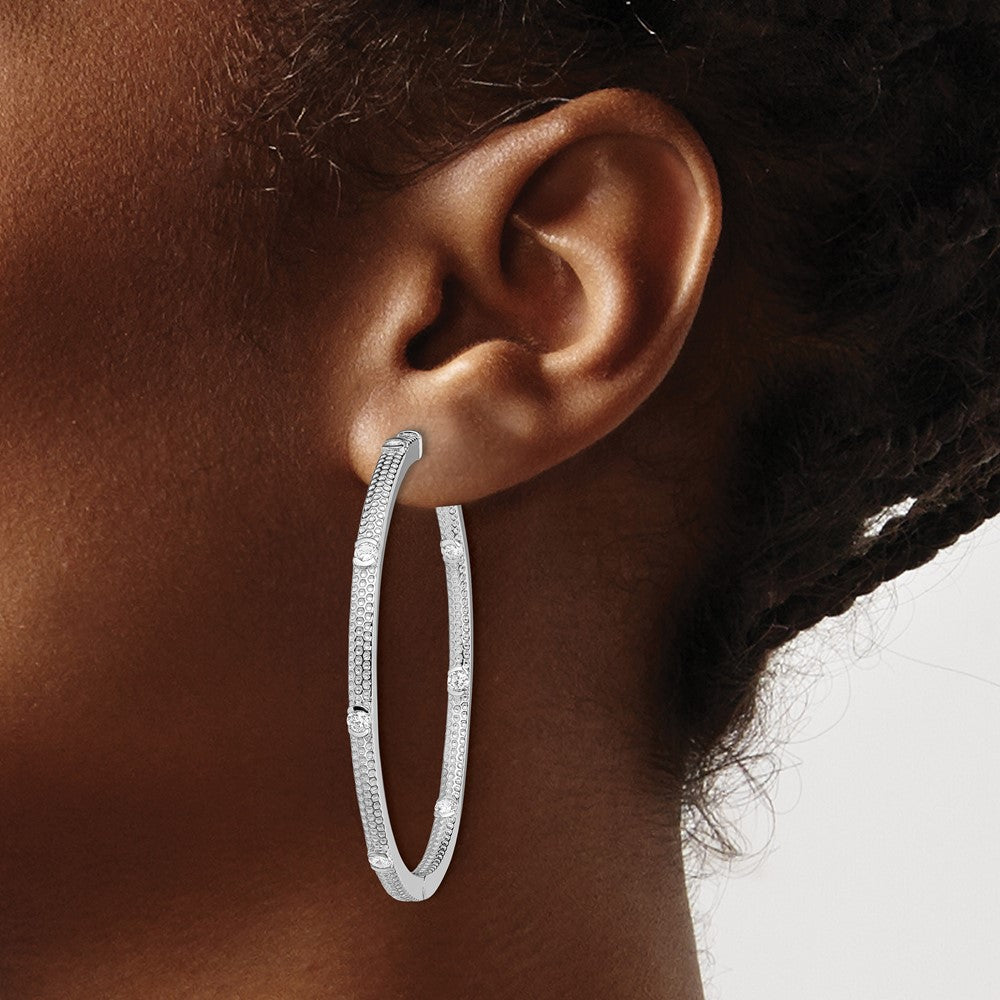 Sterling Silver Rhod-plated CZ In/Out Round Hinged Hoop Earrings