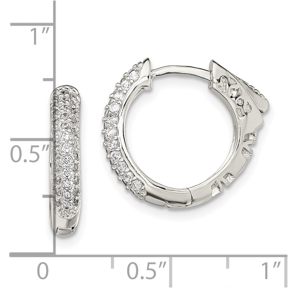 Sterling Silver Rhod-plated Pav√á CZ Safety Lock Hinged Hoop Earrings