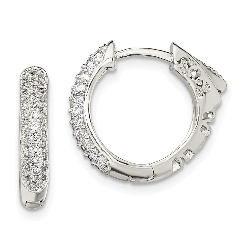 Sterling Silver Rhod-plated Pav√á CZ Safety Lock Hinged Hoop Earrings