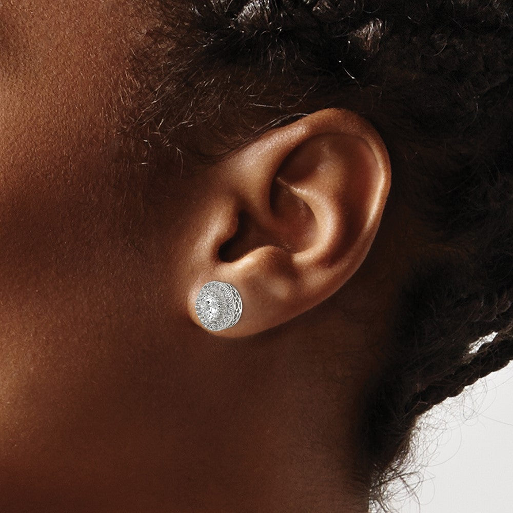 Sterling Silver Rhod-plated Polished Pav√á CZ Halo Round Post Earrings