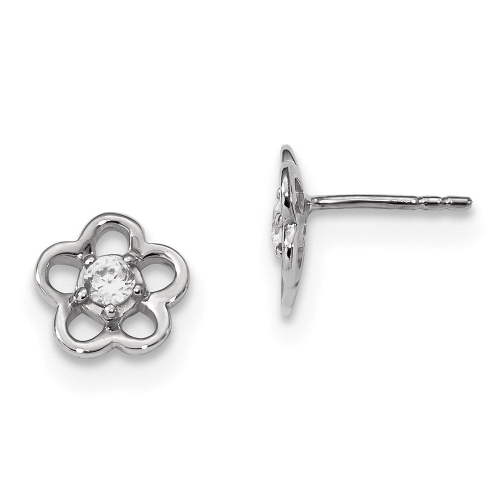 Sterling Silver Rhodium-plated Polished w/CZ Flower Post Earrings