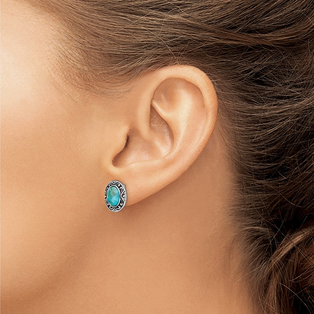 Sterling Silver Rhodium/Oxidized w/Recon. Turquoise Post Earrings