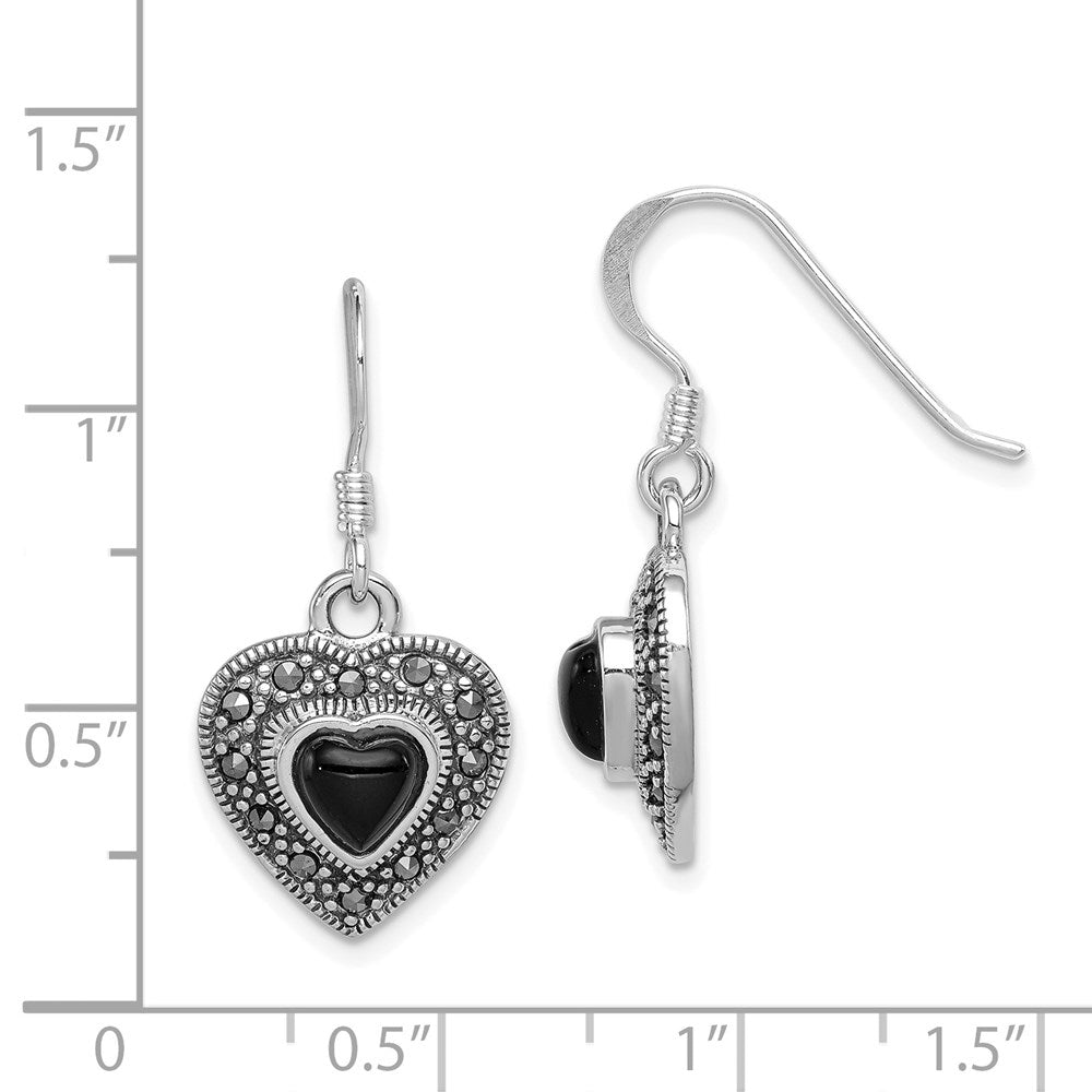 Sterling Silver RH-plated Antiqued Onyx & Marcasite Heart Dangle Earrings