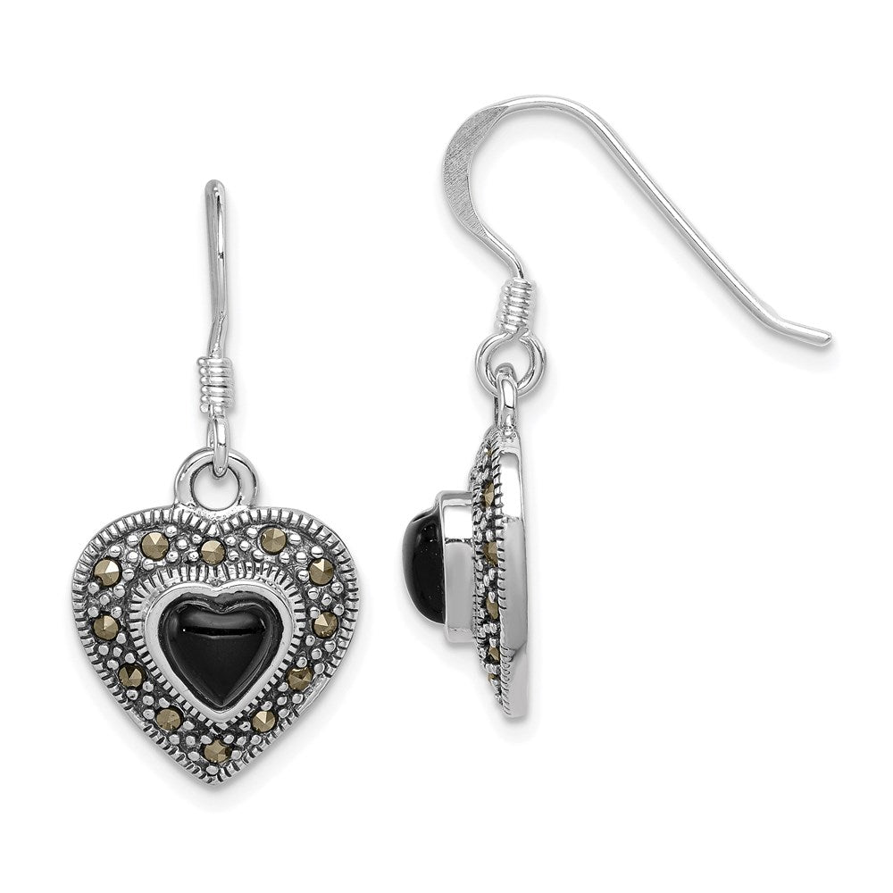 Sterling Silver RH-plated Antiqued Onyx & Marcasite Heart Dangle Earrings