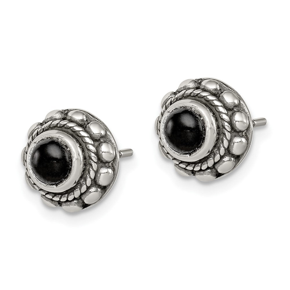 Sterling Silver Polished & Antiqued Textured Onyx Round Post Earrings