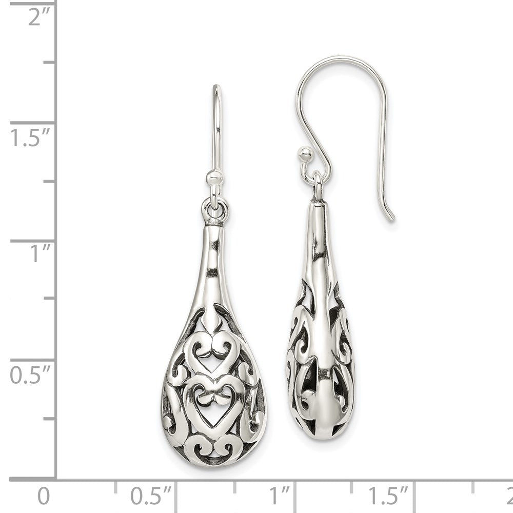 Sterling Silver Polished & Antiqued Filigree Heart Teardrop Dangle Earrings