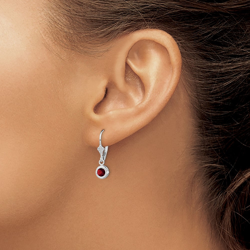 Sterling Silver Rhodium Plated 5mm Round Garnet Leverback Earrings