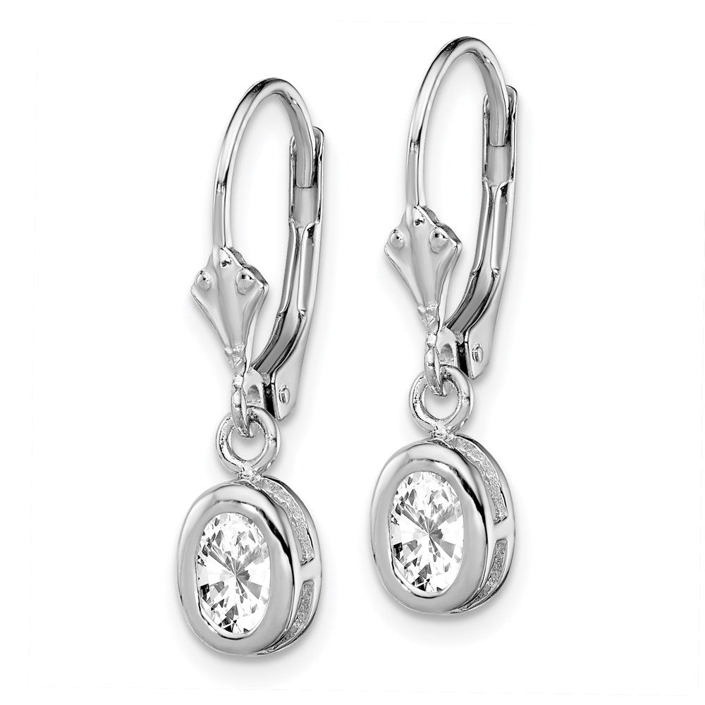 Sterling Silver Rhodium Plated 6x4mm Oval CZ Leverback Earrings