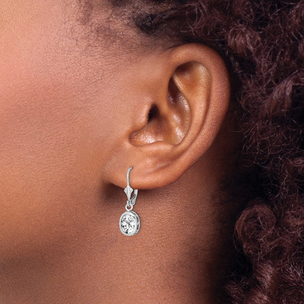 Sterling Silver Rhodium Plated 8x6mm Oval CZ Leverback Earrings