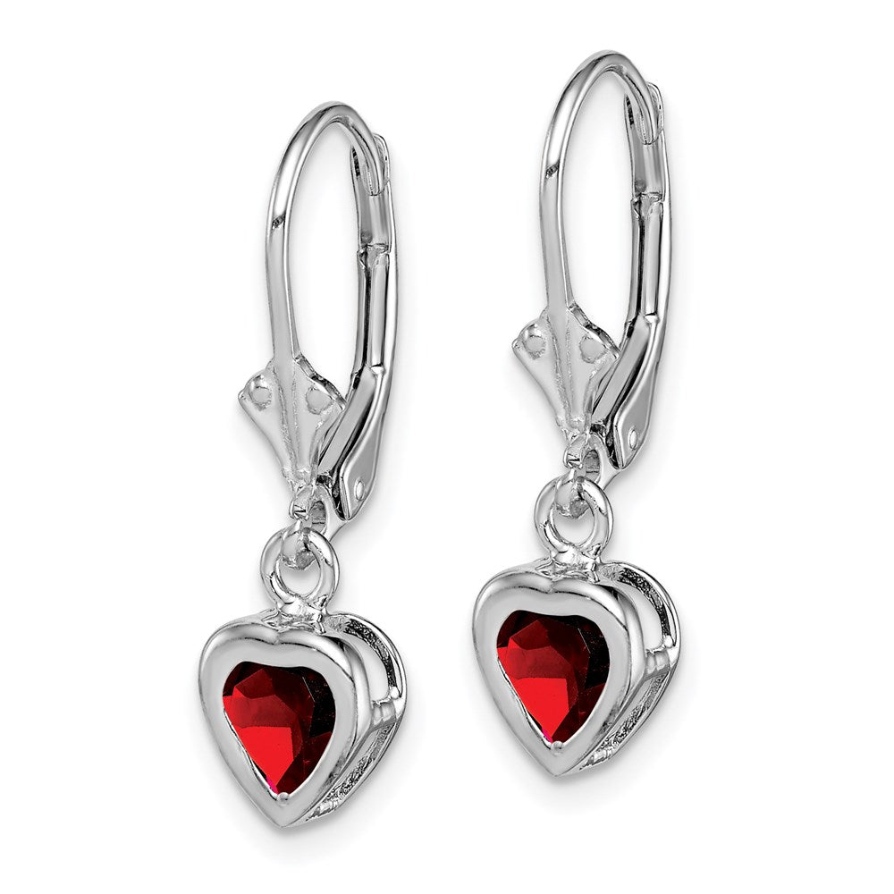Sterling Silver Rhodium Plated 5mm Heart Garnet Leverback Earrings