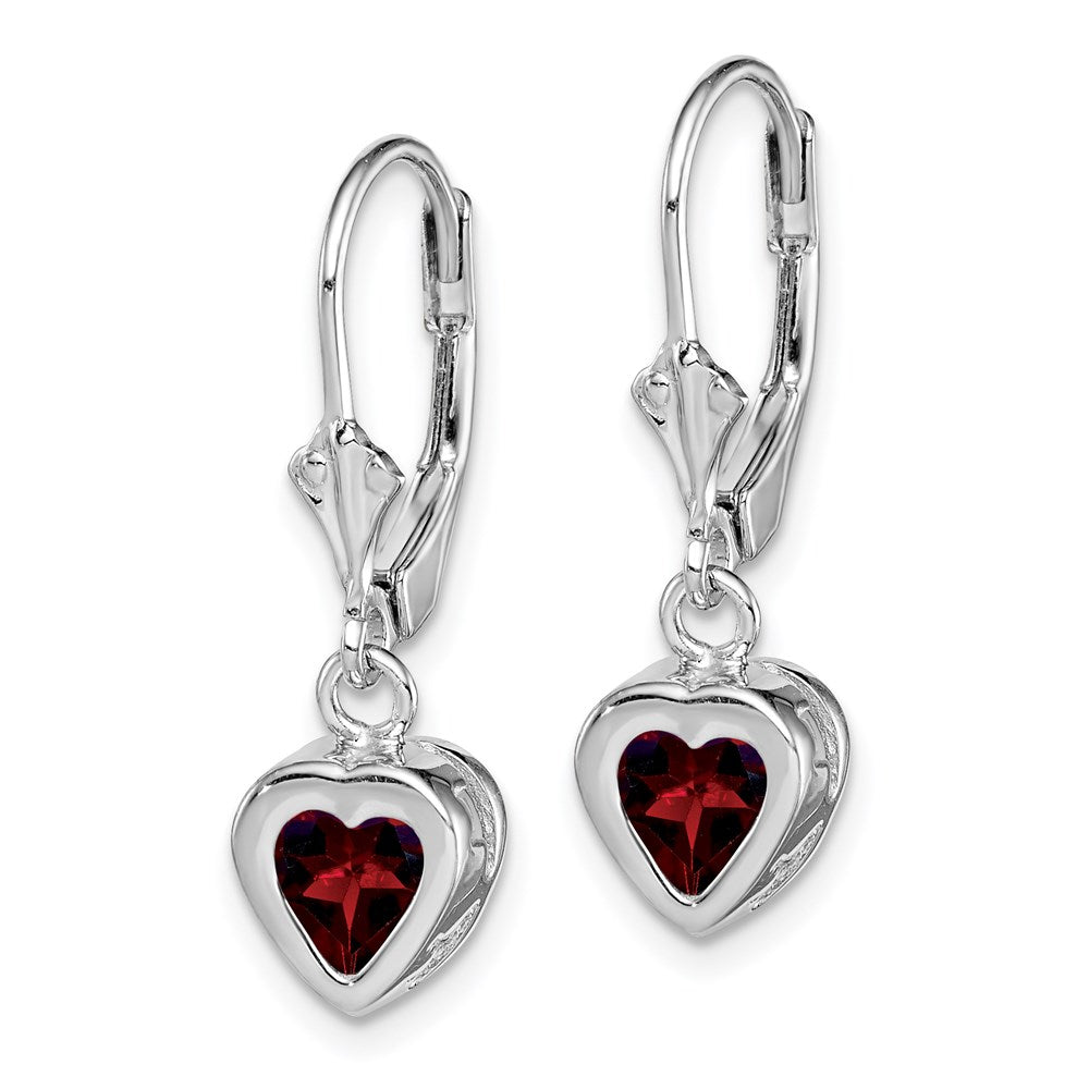 Sterling Silver Rhodium Plated 6mm Heart Garnet Leverback Earrings
