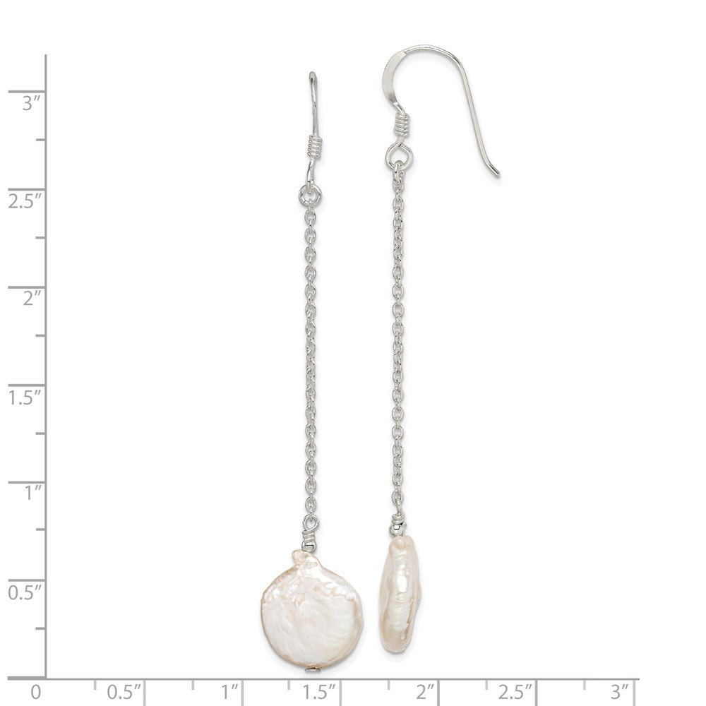 Sterling Silver Polished White 12-13mm Coin Freshwater Cultured Pearl Dangle Earrings