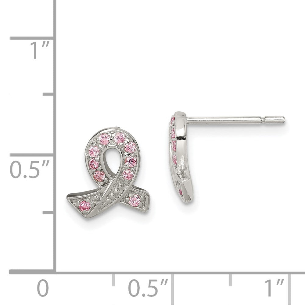 Sterling Silver Rhodium-plated Pink CZ Ribbon Earrings
