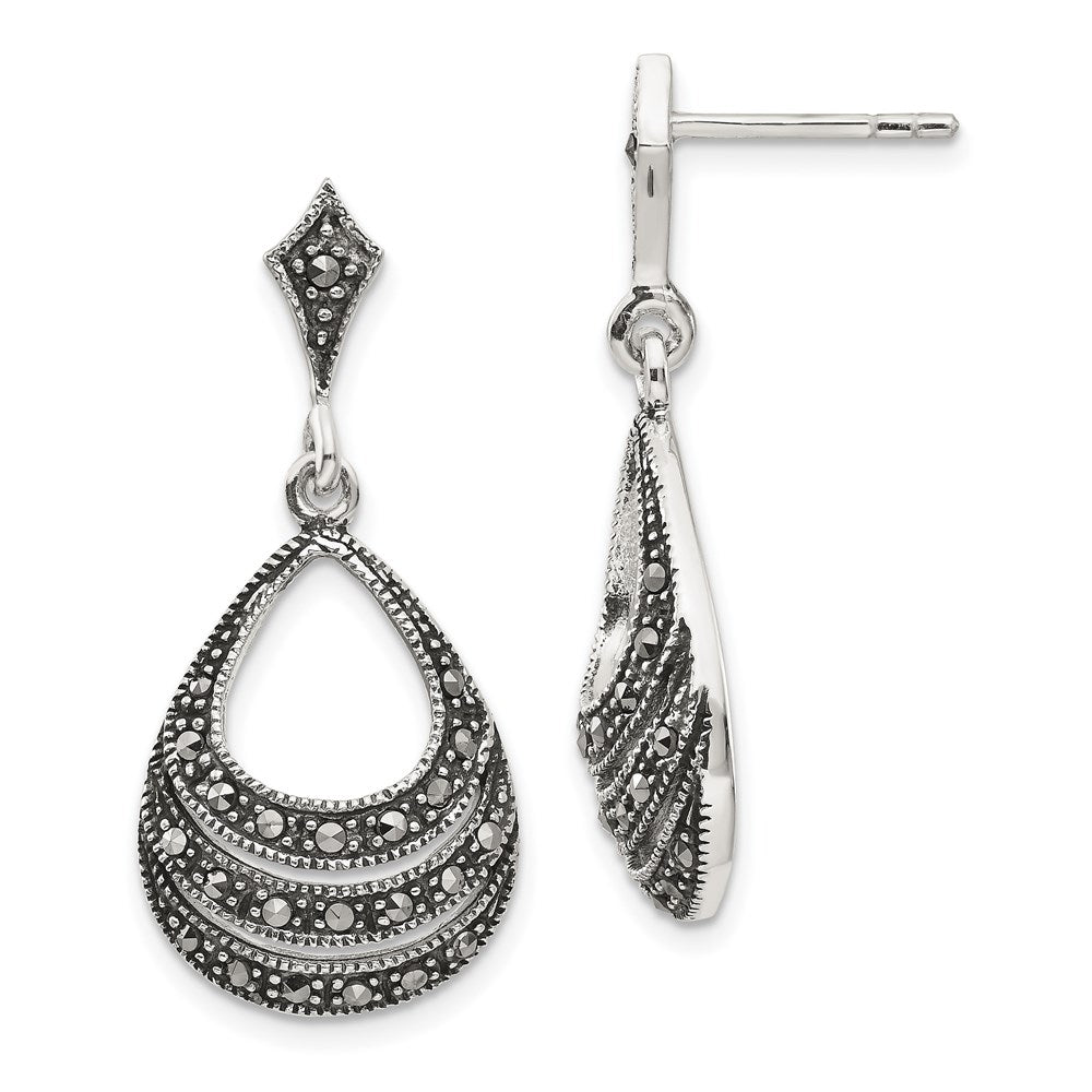Sterling Silver RH-plated Textured Marcasite Teardrop Post Dangle Earrings