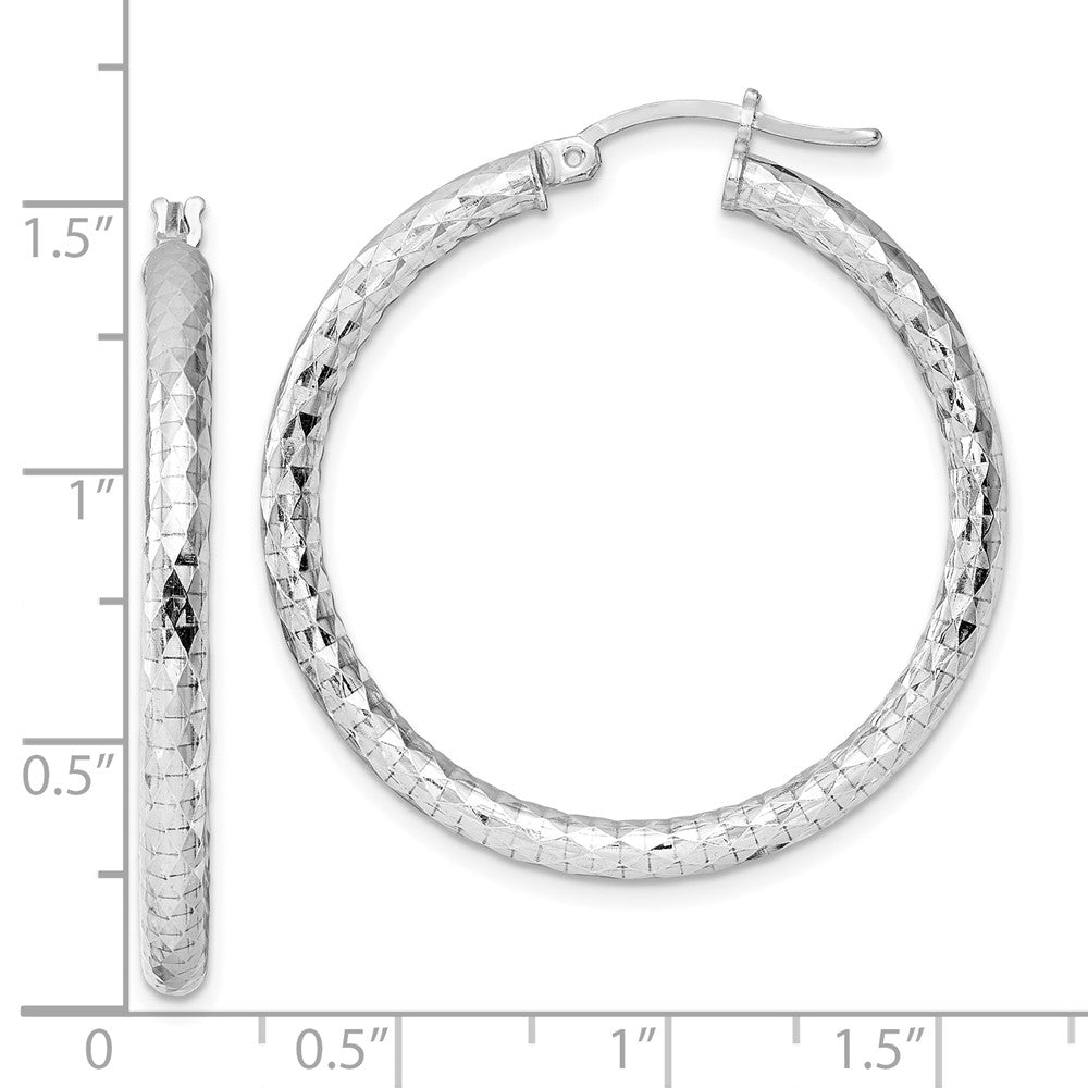Sterling Silver Rhodium-plated 3.00mm Diamond-cut Hoop Earrings