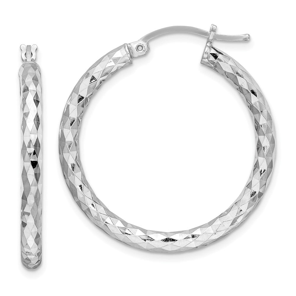 Sterling Silver Rhodium-plated 3.00mm Diamond-cut Hoop Earrings