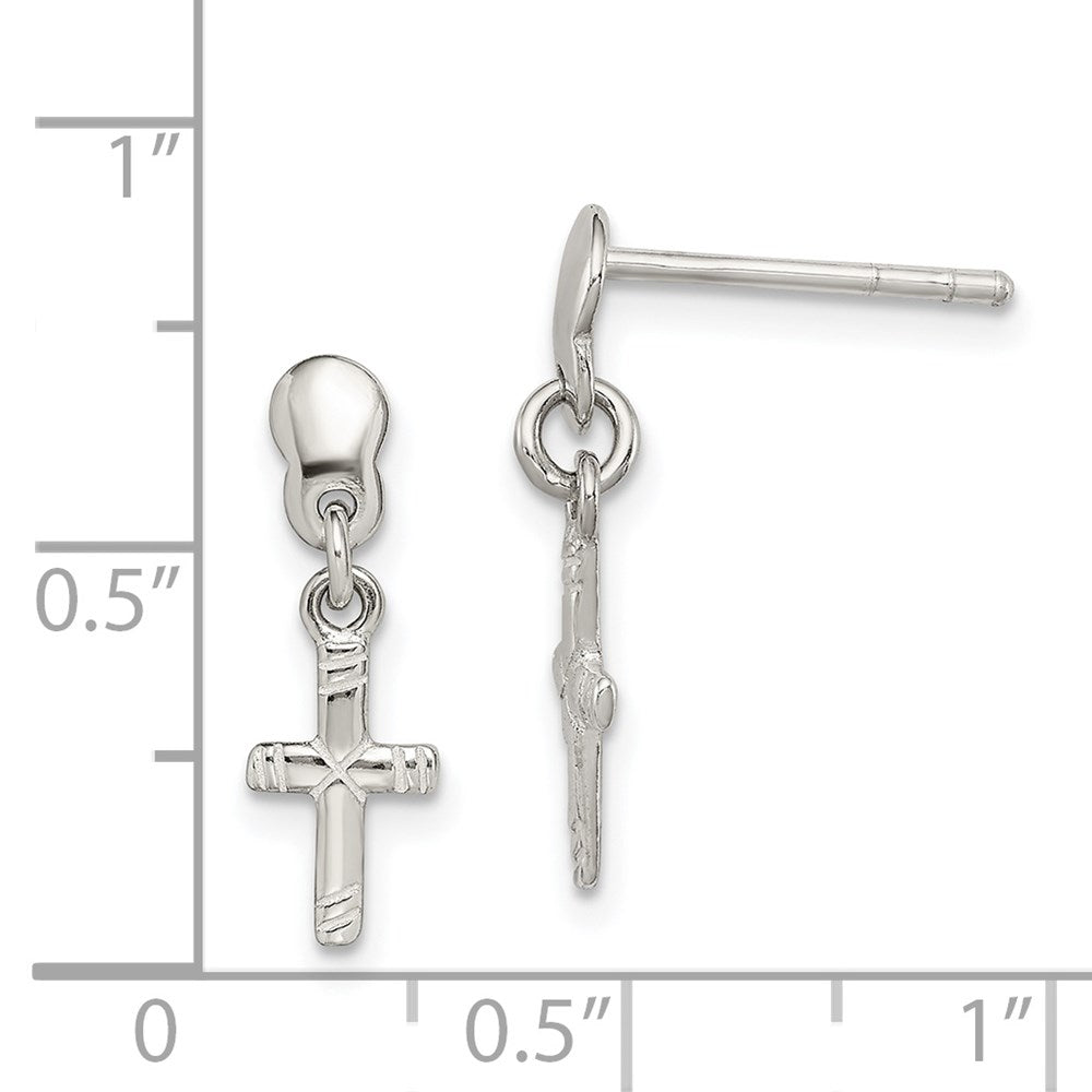Sterling Silver Polished & Grooved Latin Cross Post Dangle Earrings