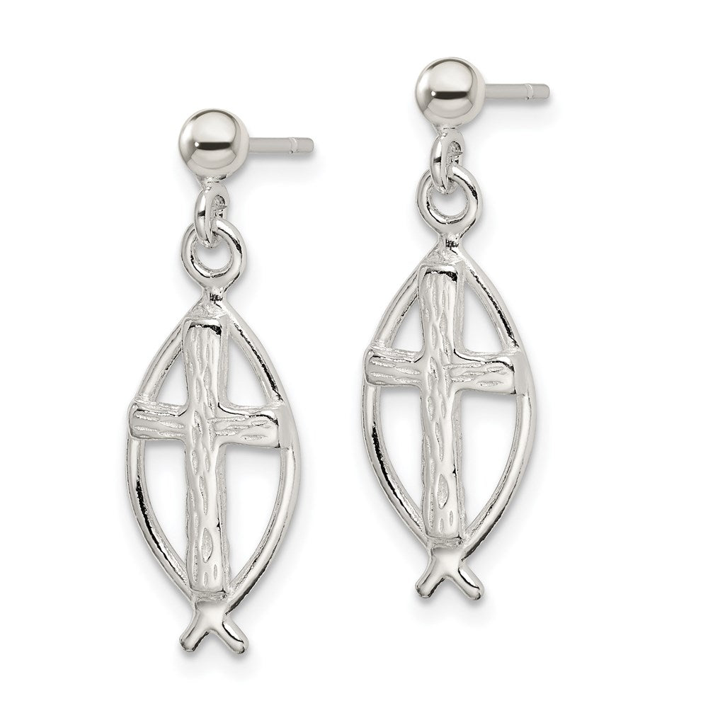 Sterling Silver Polished Antiqued & Textured Ichthus & Cross Post Dangle Earrings